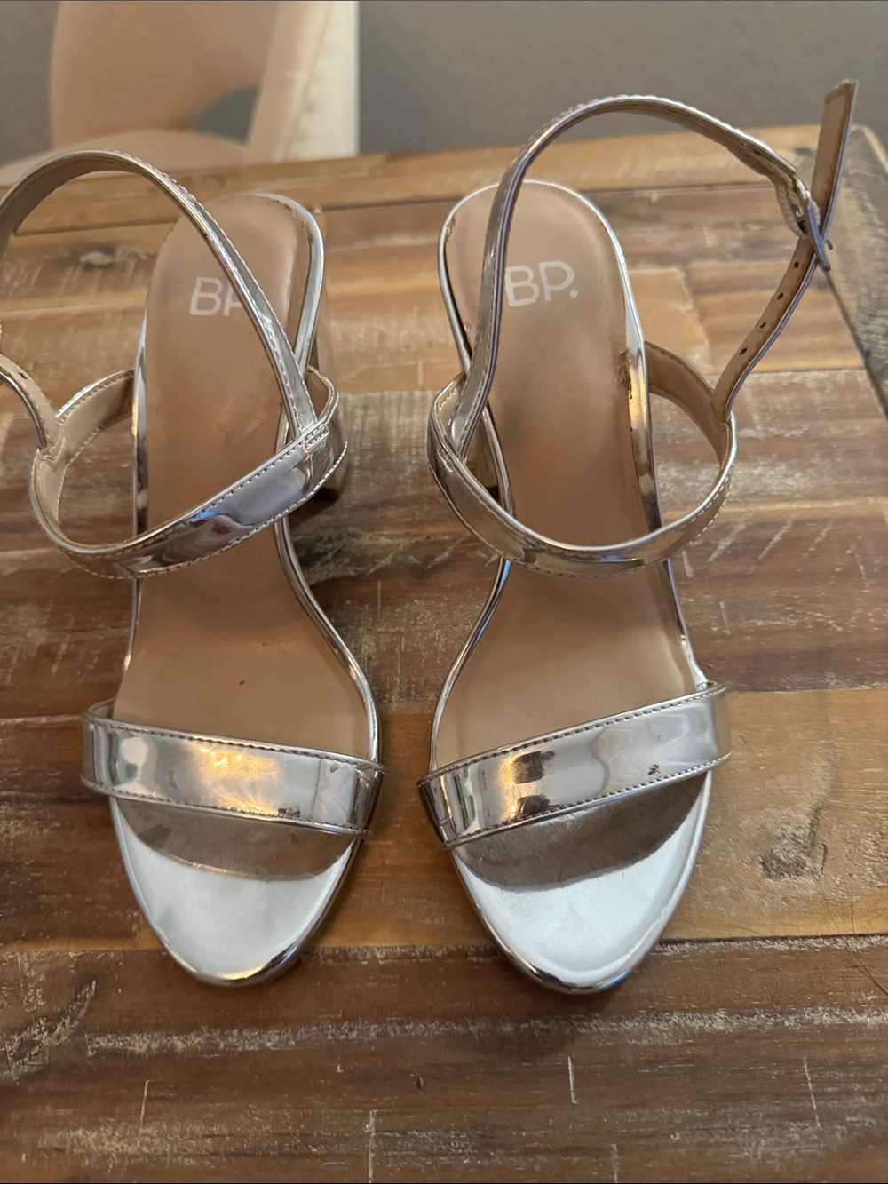 bp Metallic Silver Strappy Block Heel Sandals